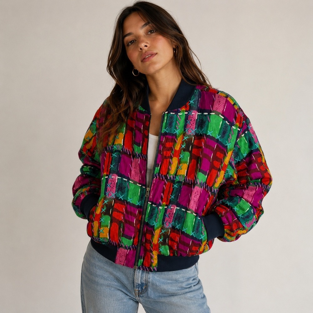 K Arnold Bomber Jacket 100% Silk Patchwork Multicolor Abstract Retro Women Small
